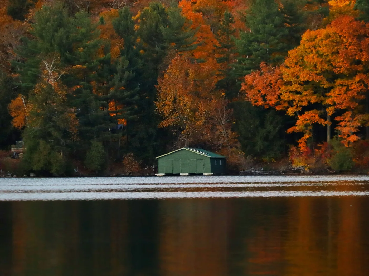 A small lakeside cabin among autumn trees in Gatineau Park