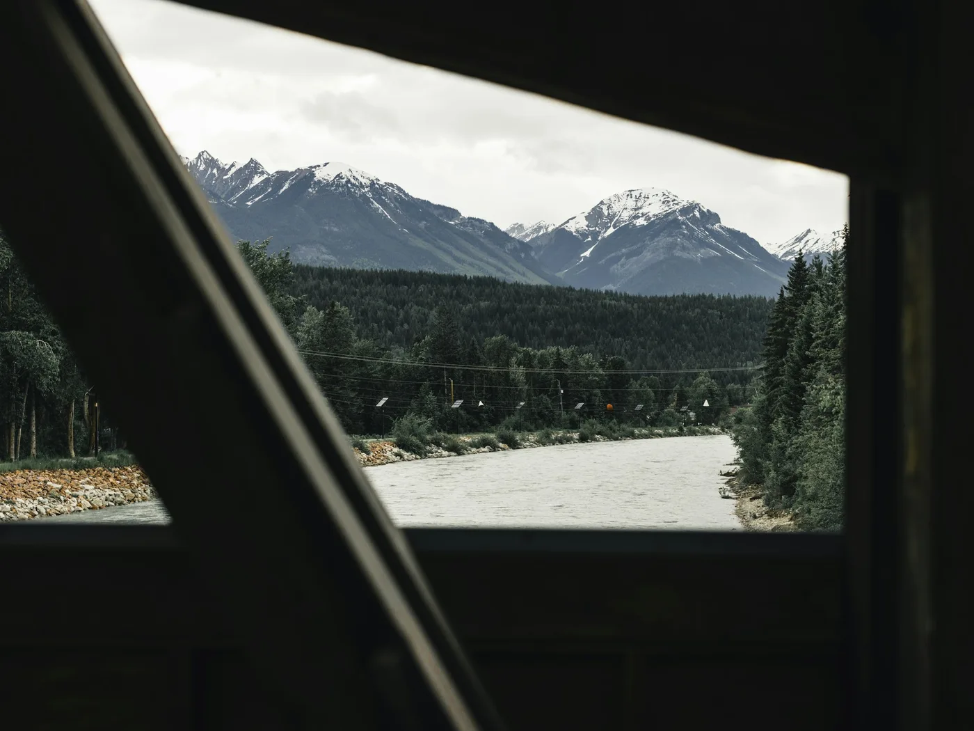 Mountain landscape seen from inside a cabin in Golden, British Columbia